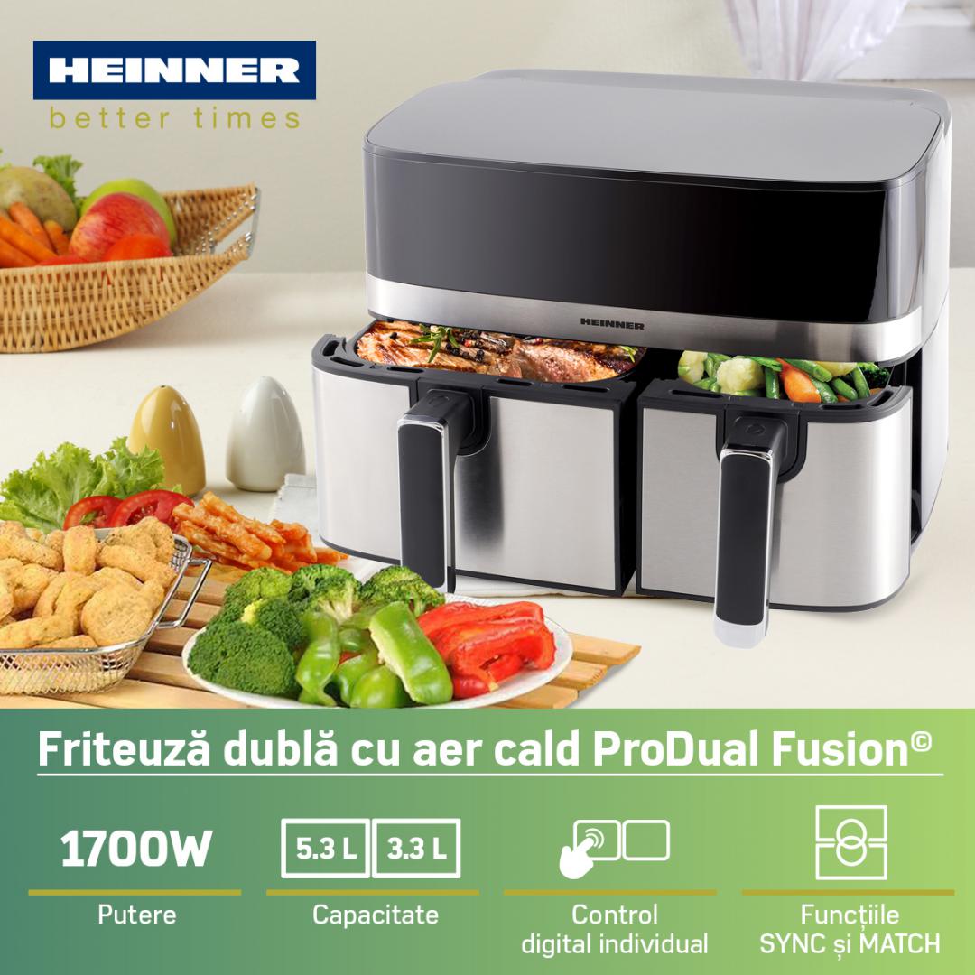 Friteuză Dublă cu Aer Cald Heinner HAF-H9DB17BKS, 8.6L, 1700W, Display Touch, Sync&Match