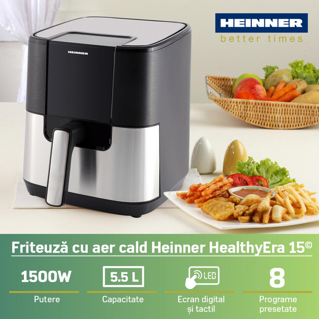 Friteuză cu Aer Cald Heinner HealthyEra 15 HAF-H6BKS1500, 5.5L, 1500W, 8 Programe, Negru/Silver