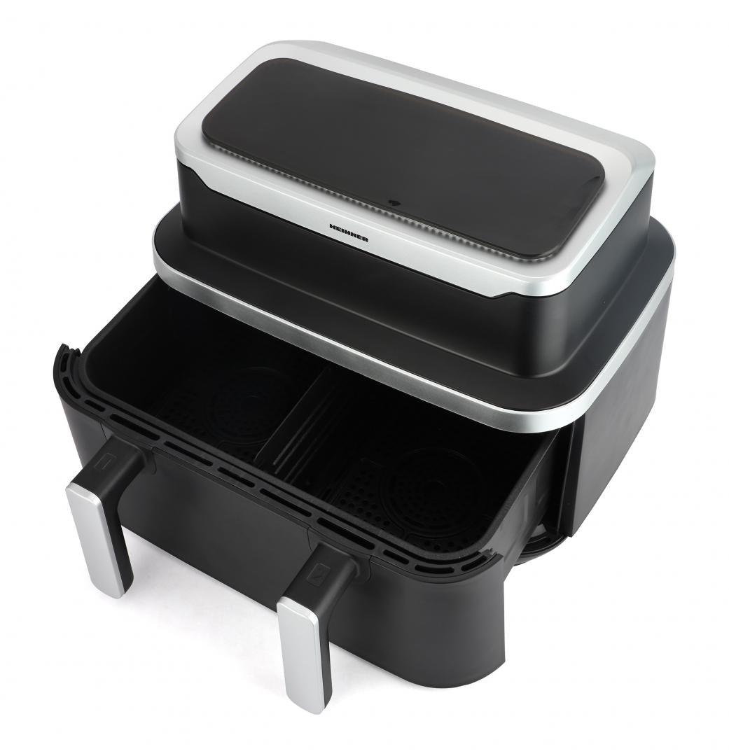 Friteuză Dublă cu Aer Cald Heinner HAF-DDB9BK26, 9L, 2600W, 10 Programe, Control Individual, Negru