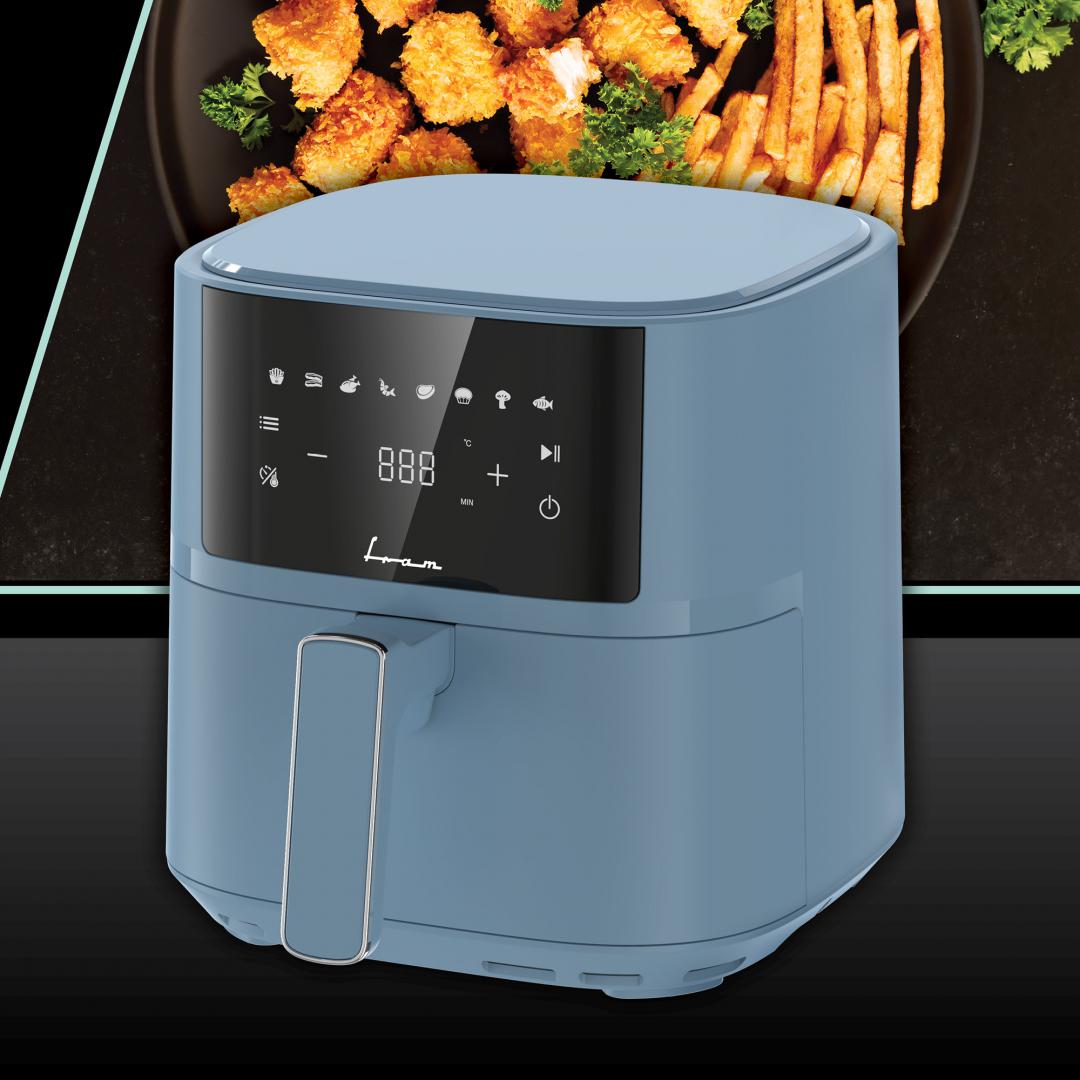 Friteuză cu Aer Cald FRAM FAF-B6BL17SQ, 5.7L, 1700W, 8 Programe, Display Digital, Bleu