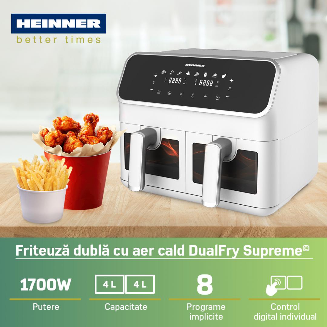 Friteuză Dublă cu Aer Cald Heinner DualFry Supreme HAF-H8DB17WH, 8L, 1700W, Alb