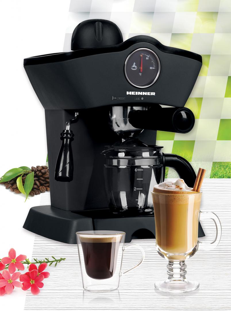Espressor Manual Heinner HEM-200BK, 3.5 Bar, 800W, Cafea Măcinată, Termometru Frontal, Cană Inclusă, Negru